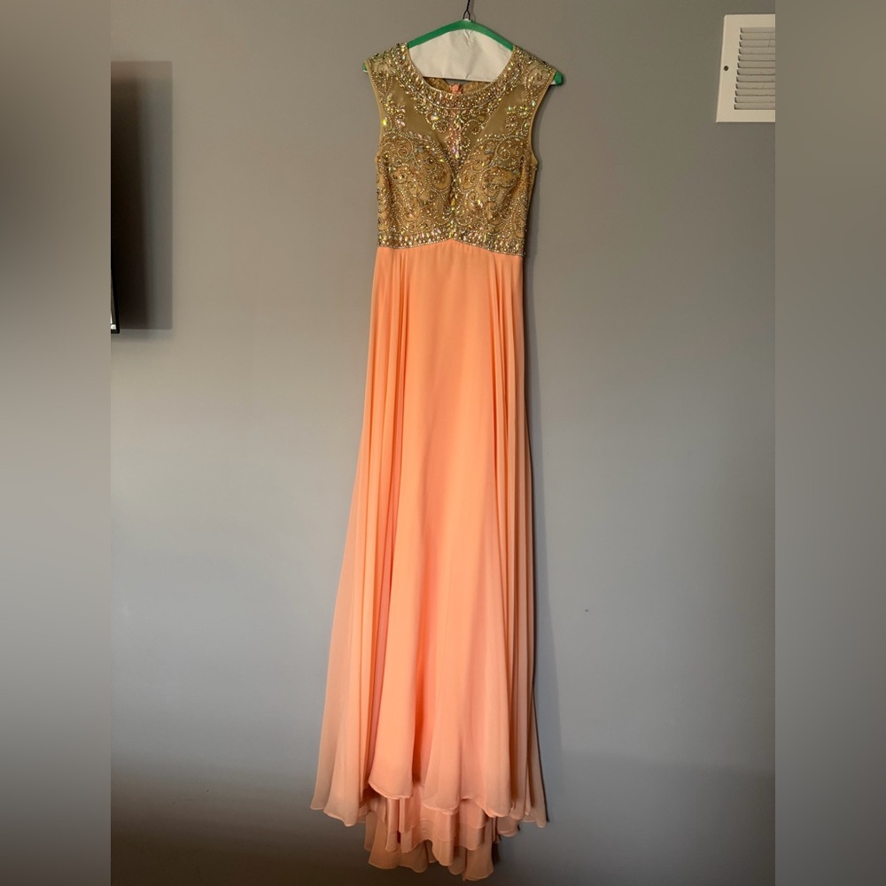 Tony Bowls Peach Maxi Gown with Gold Beaded Bodice